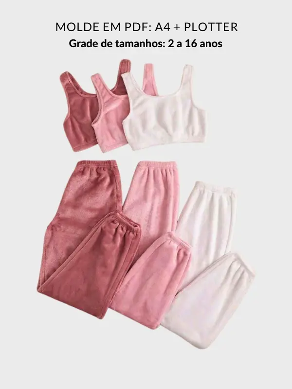 Molde conjunto infantil calça e cropped regata em fleece