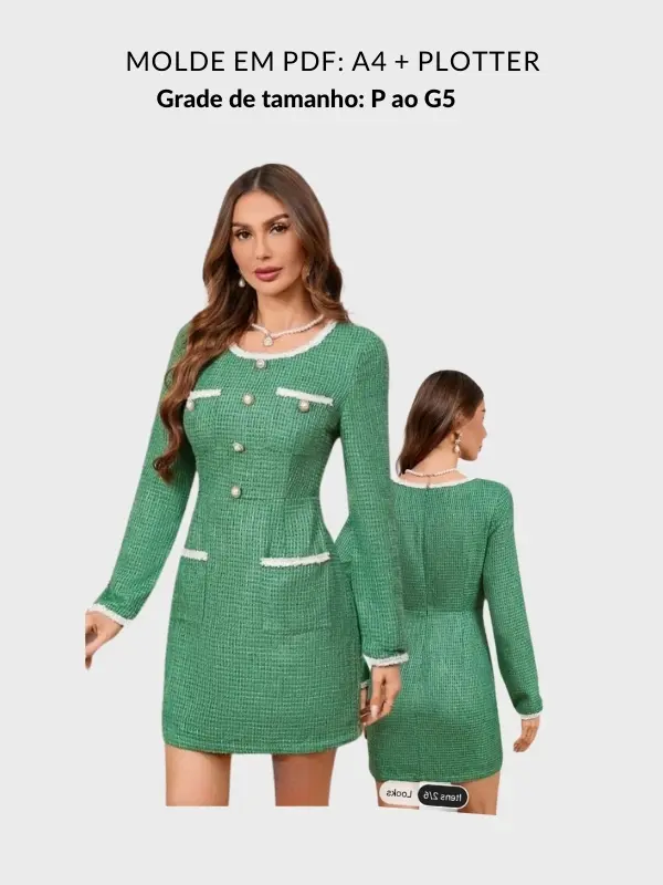 Molde vestido manga longa tweed