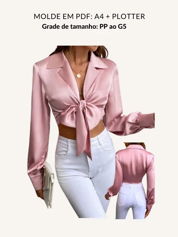 Molde cropped em seda manga longa