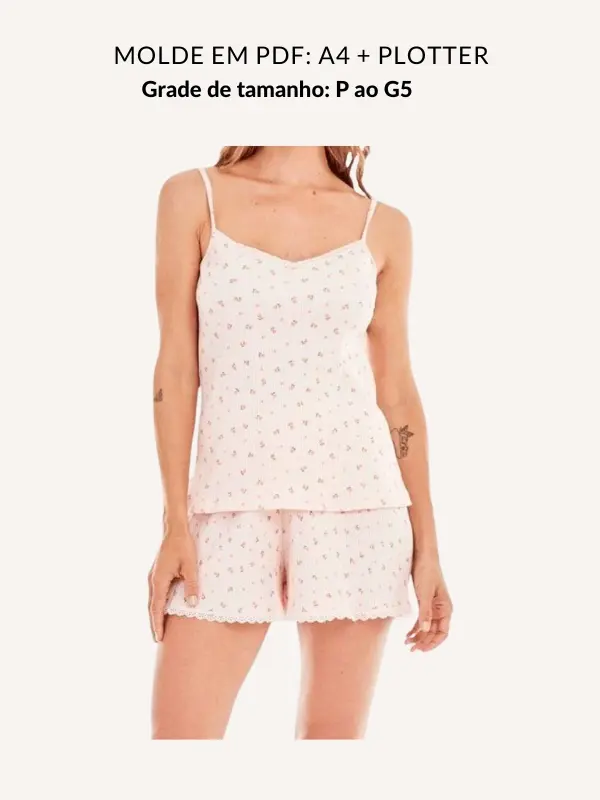 Molde kit pijama blusa com alcas e short