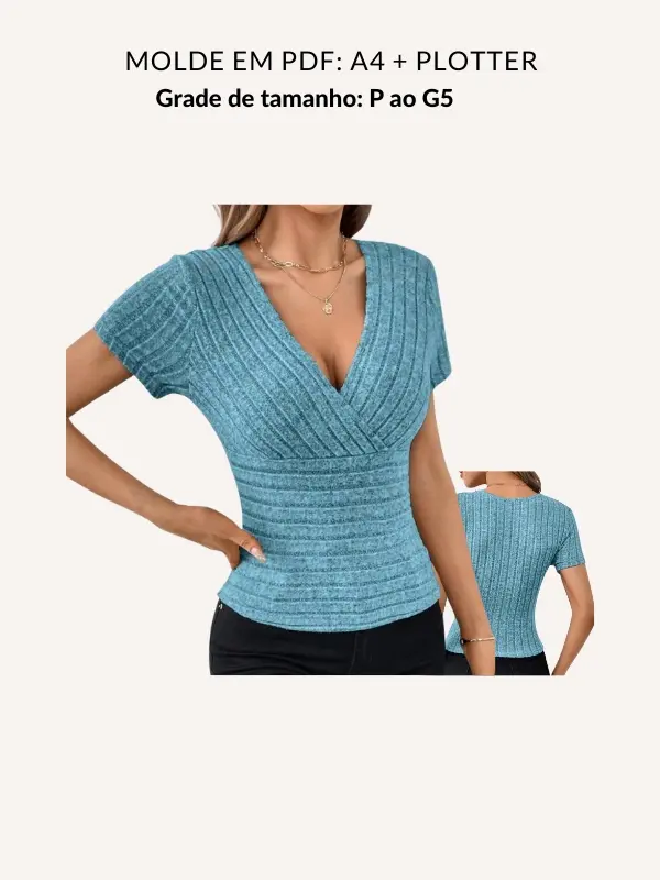Molde blusa em malha canelada manga curta