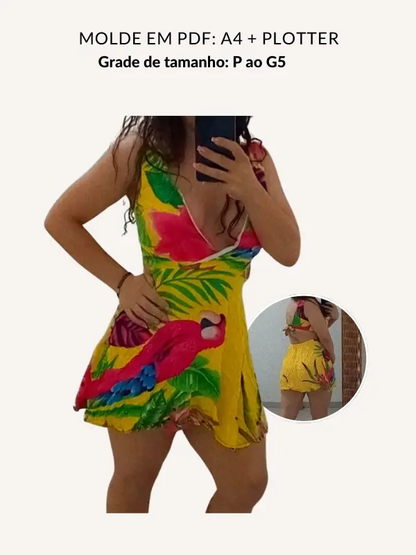 Molde vestido com amarração e transpasse nas costas