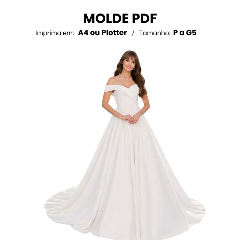 Molde vestido de noiva ombro a ombro com cauda